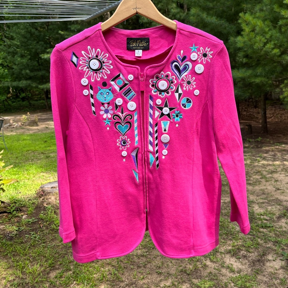 90s Bob Mackie Knit Cardigan Sweater Hot Pink Cats Girly Coquette
